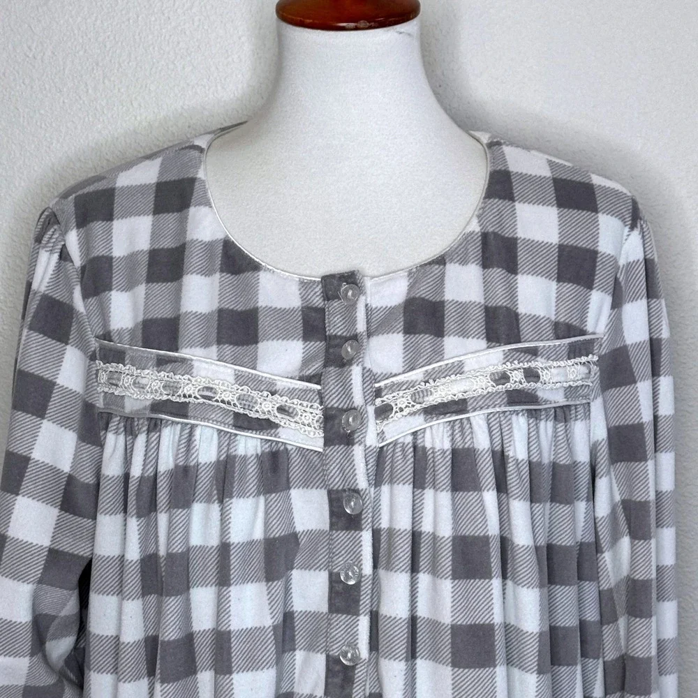 LANZ Of SALZBURG Fleece Long Nightgown MED Gray Plaid Lace Trim Cottage Core